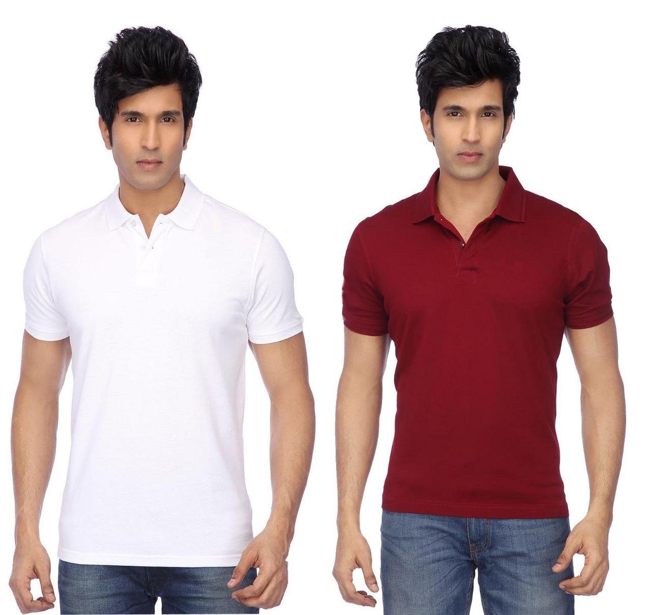 Cotton Blend Solid Half Sleeves Mens Polo Neck T-Shirt (Pack of 2) - Tshirt - HUB