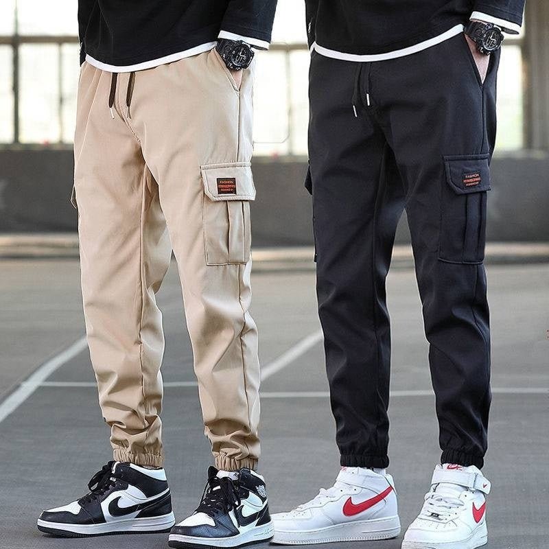 Men's Loose All - match Multi - pocket Wear - resistant Solid Color Ankle Banded Working Pants - Tshirt - HUB