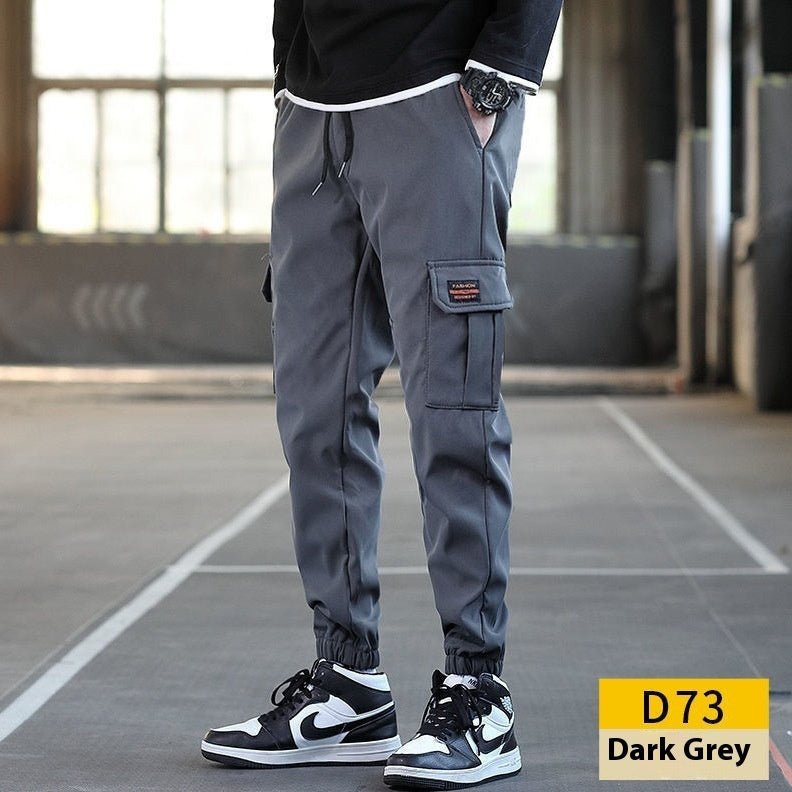 Men's Loose All - match Multi - pocket Wear - resistant Solid Color Ankle Banded Working Pants - Tshirt - HUB