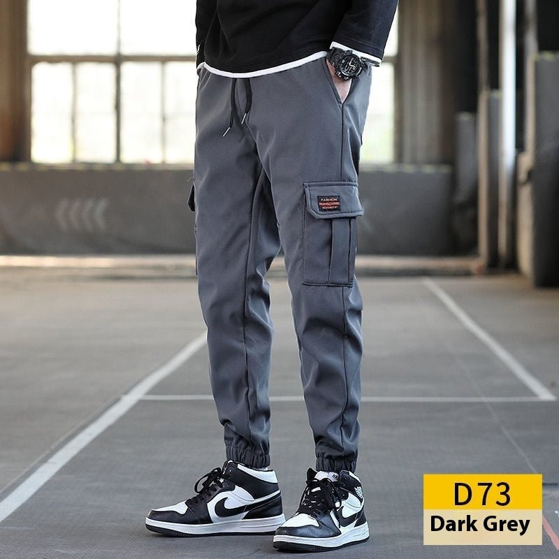 Men's Loose All - match Multi - pocket Wear - resistant Solid Color Ankle Banded Working Pants - Tshirt - HUB