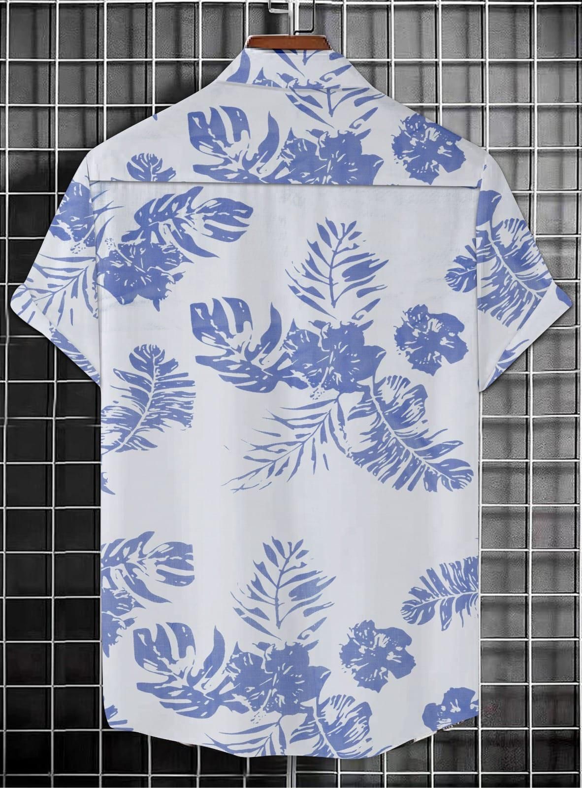 Men's Printed Half Sleeves Regular Collar Casual Shirt White & NavyBlue - Tshirt - HUB