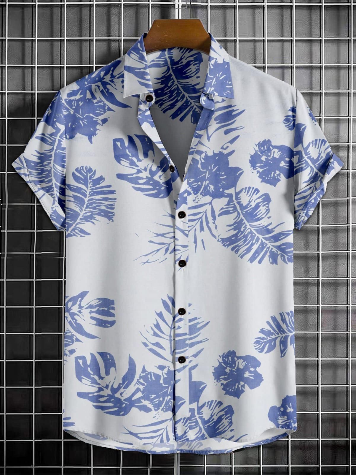 Men's Printed Half Sleeves Regular Collar Casual Shirt White & NavyBlue - Tshirt - HUB