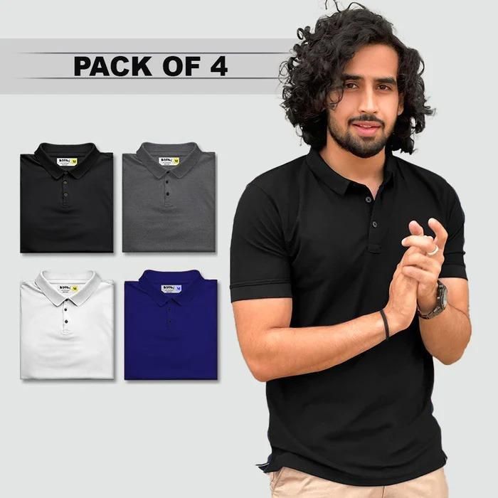 Poly Matte Solid Half Sleeves Mens Polo T-Shirt Pack Of 4 - Tshirt - HUB