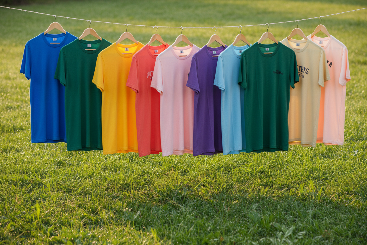 tshirts hanging on a grass background in hamgers